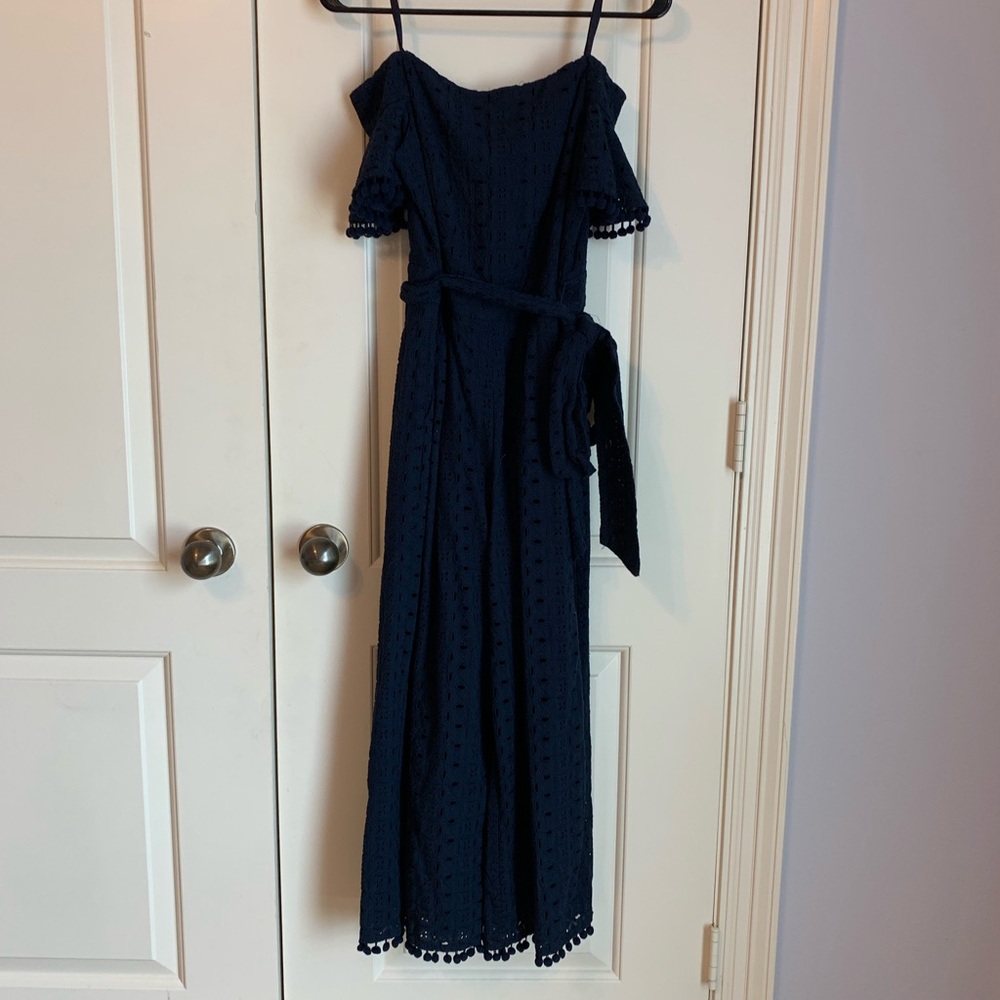 Navy Eyelet Off-The-Shoulder Jumper w/Pom Poms